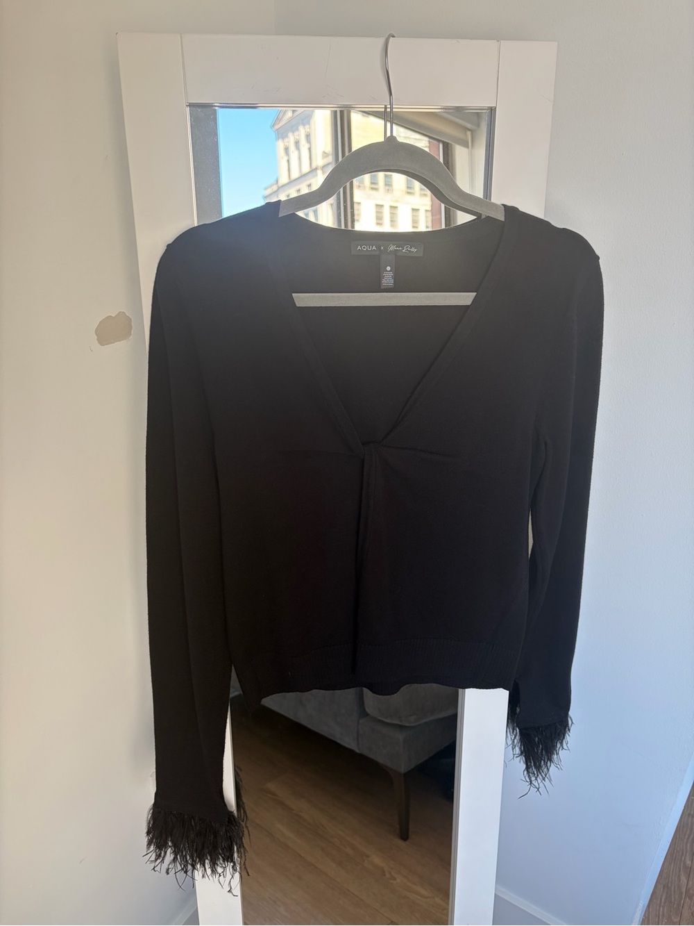AQUA x Maeve Reilly Black Ostrich Feather Cuff Sweater